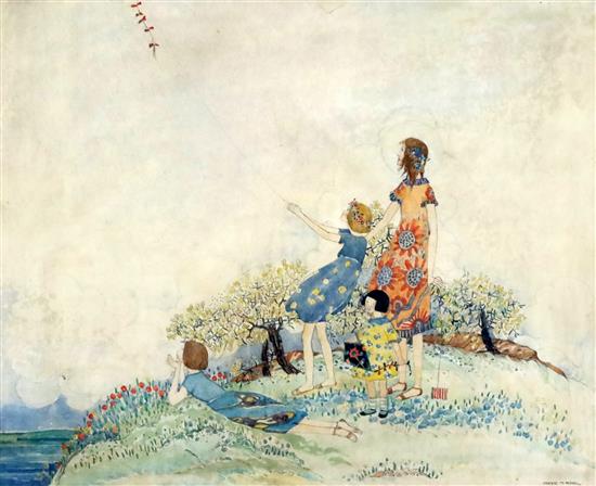 Jessie Marion King (1875-1949) Flying a kite 13.5 x 16.75in.